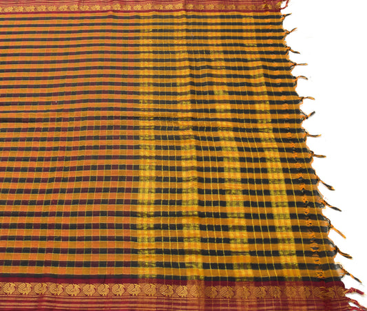 Sushila Vintage Multi-Color Scrap Saree 100%Pure Cotton Checks Woven Sari Fabric