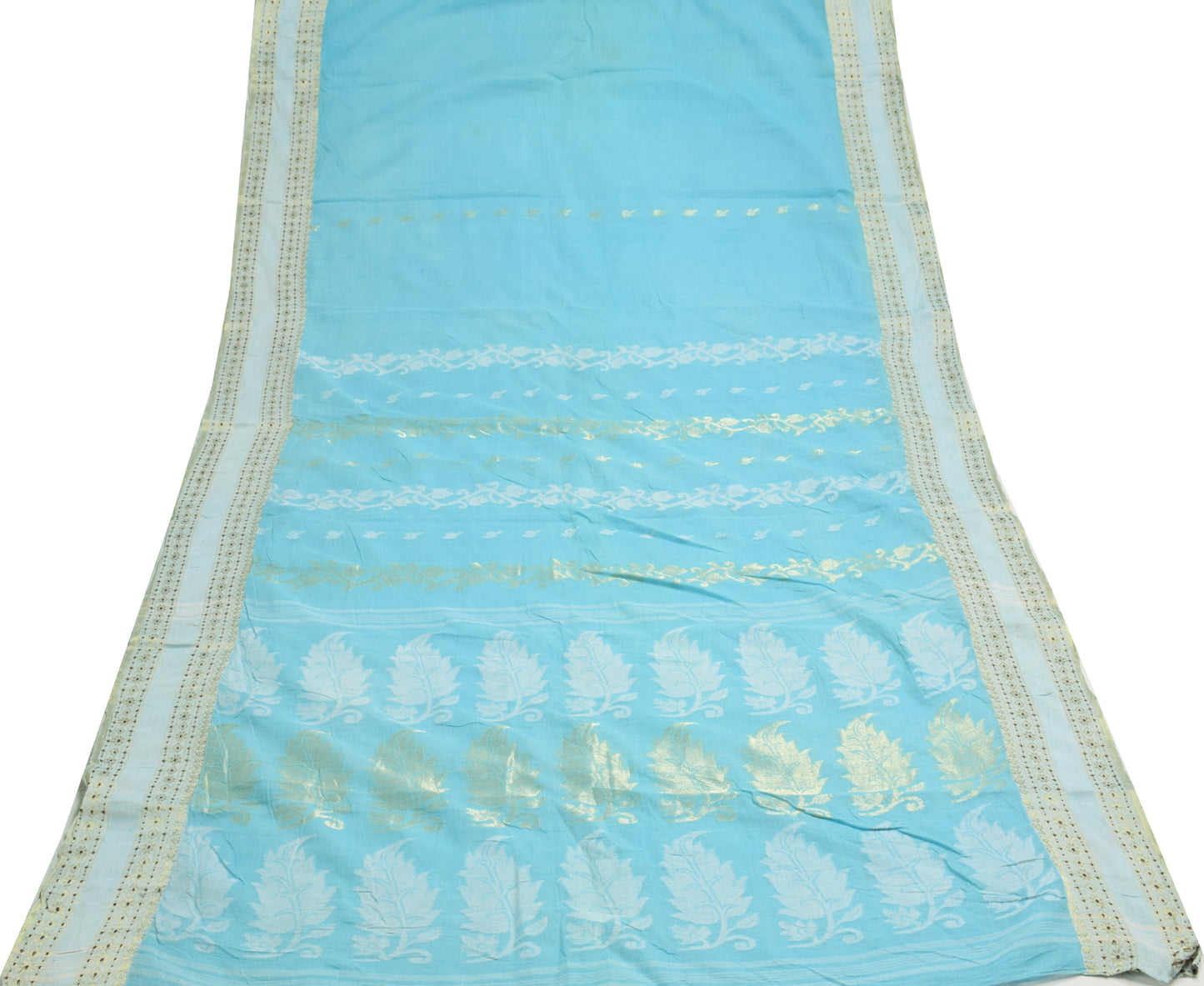 Sushila Vintage Aqua Blue Scrap Saree 100% Pure Cotton Woven Floral Sari Fabric