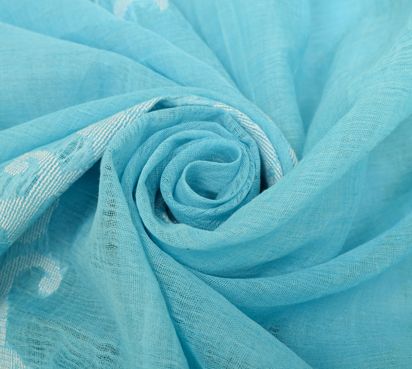 Sushila Vintage Aqua Blue Scrap Saree 100% Pure Cotton Woven Floral Sari Fabric