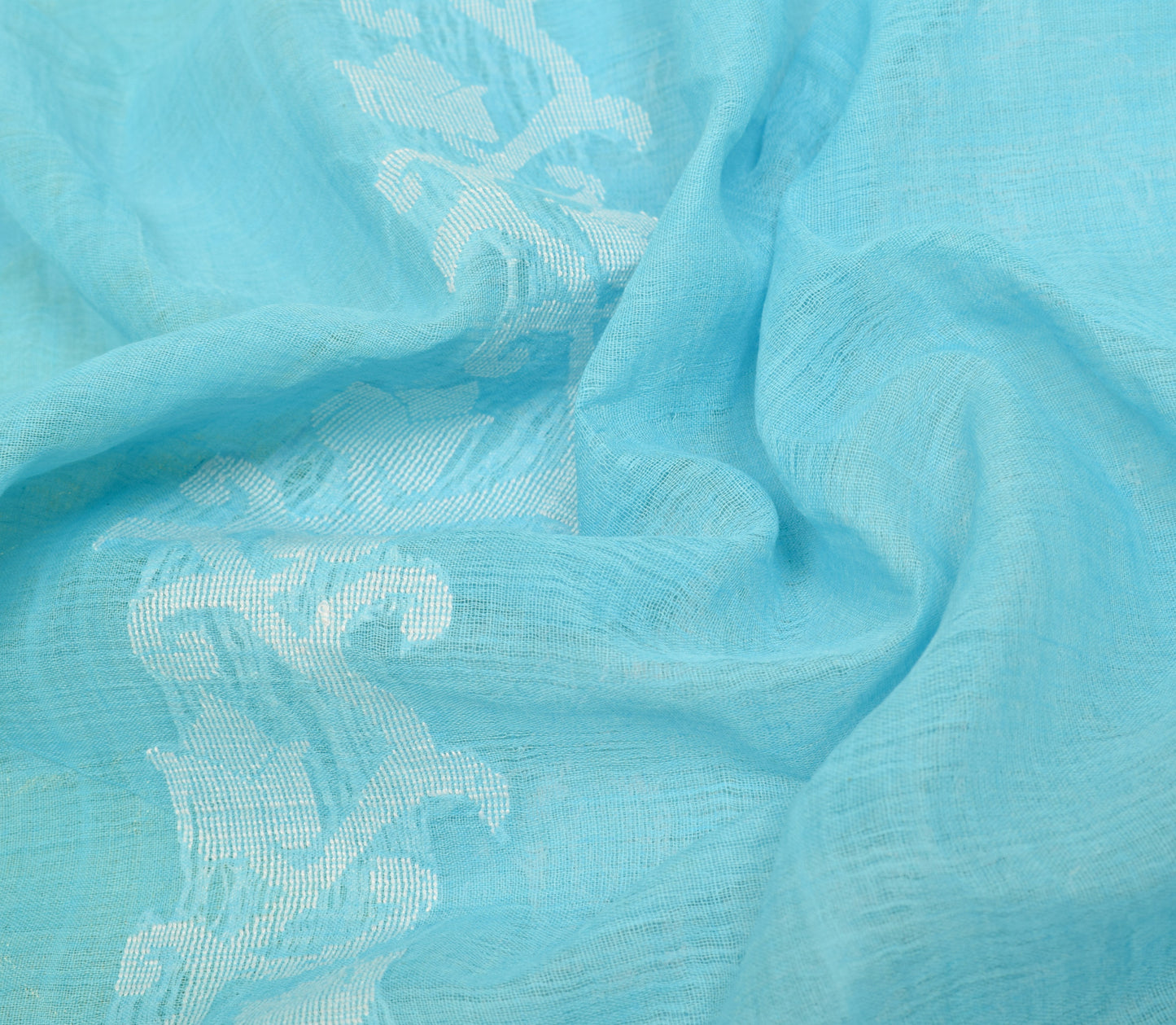 Sushila Vintage Aqua Blue Scrap Saree 100% Pure Cotton Woven Floral Sari Fabric