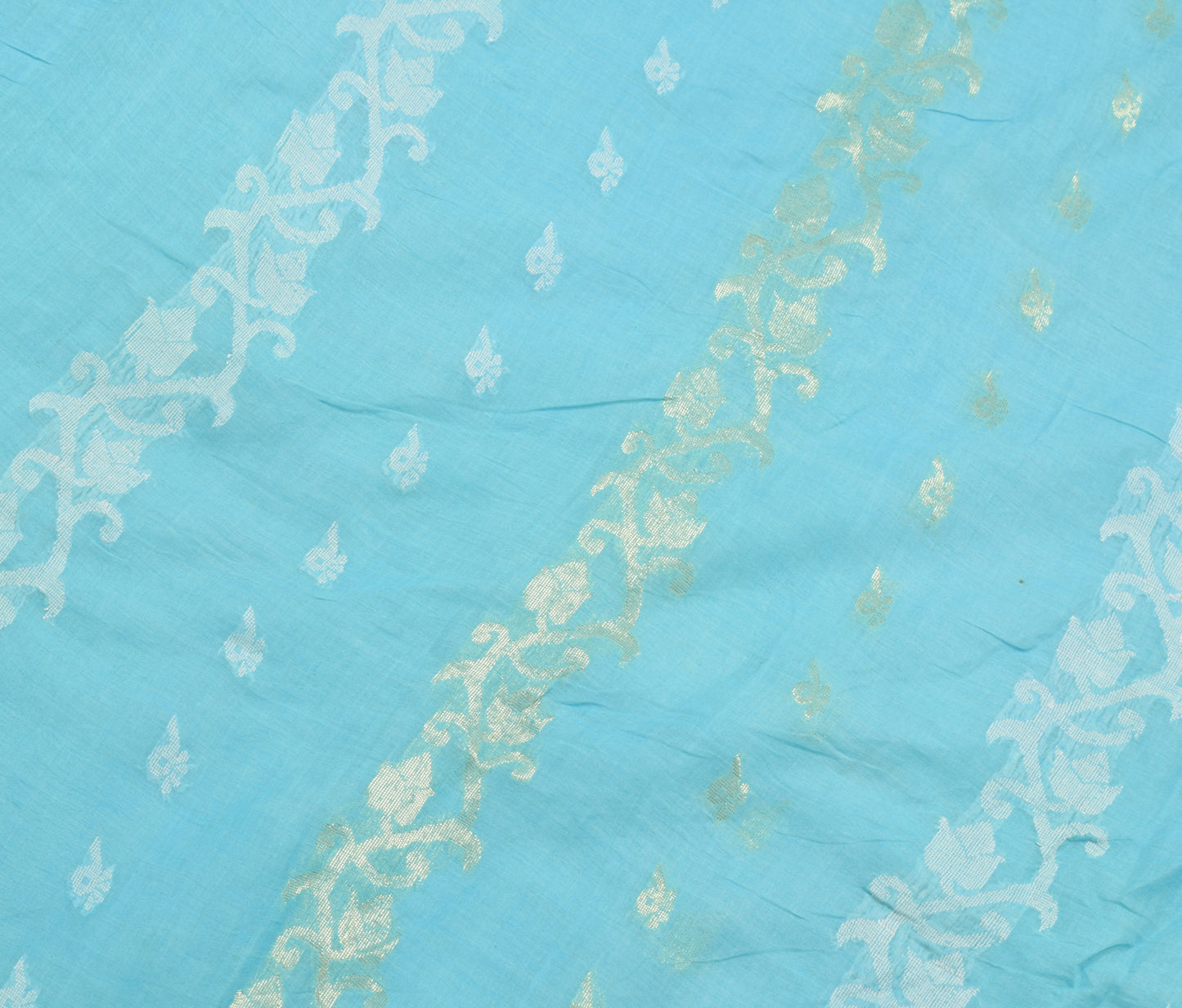 Sushila Vintage Aqua Blue Scrap Saree 100% Pure Cotton Woven Floral Sari Fabric