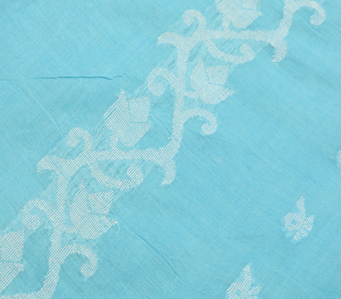 Sushila Vintage Aqua Blue Scrap Saree 100% Pure Cotton Woven Floral Sari Fabric