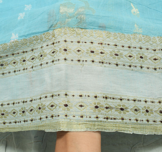 Sushila Vintage Aqua Blue Scrap Saree 100% Pure Cotton Woven Floral Sari Fabric