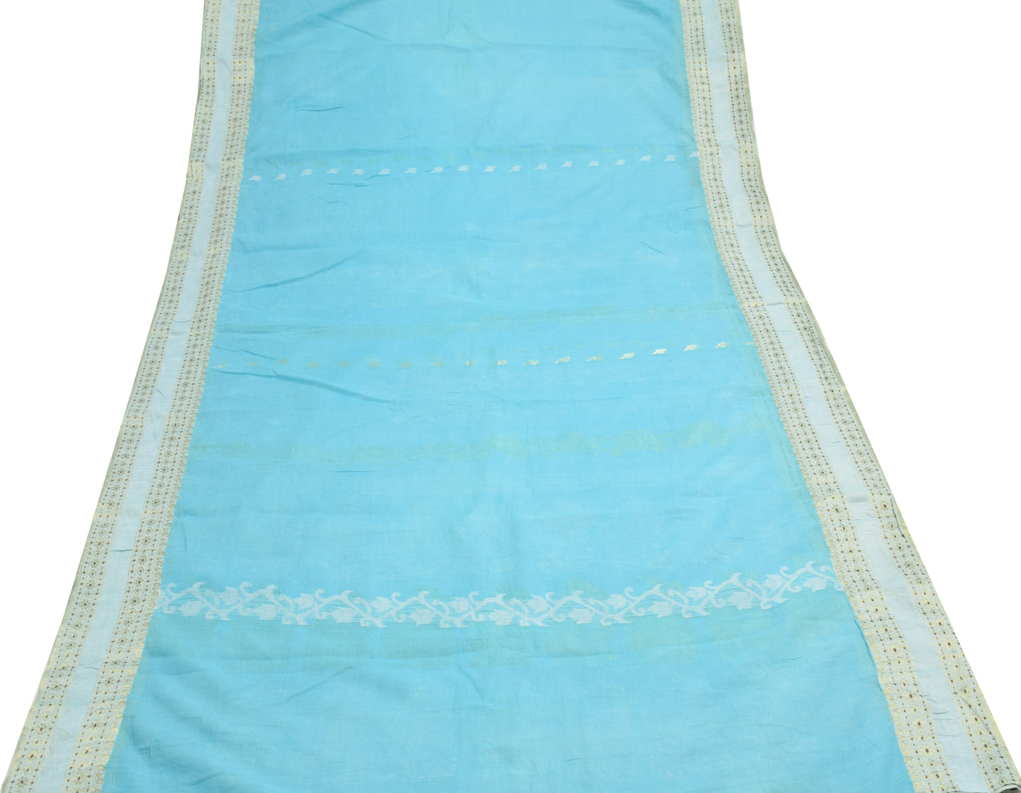 Sushila Vintage Aqua Blue Scrap Saree 100% Pure Cotton Woven Floral Sari Fabric
