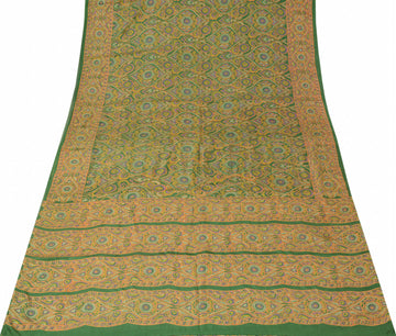 Sushila Vintage Green Scrap Saree 100% Pure Silk Printed Indian Craft Fabric