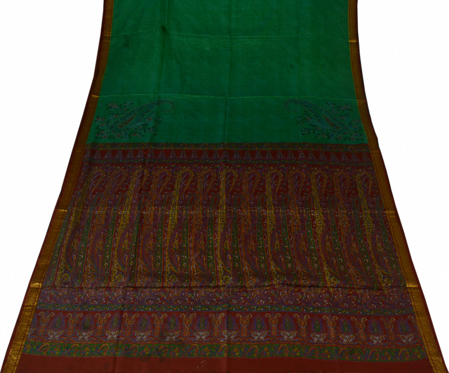 Sushila Vintage Green Scrap Saree 100% Pure Silk Printed Paisley Sari Fabric