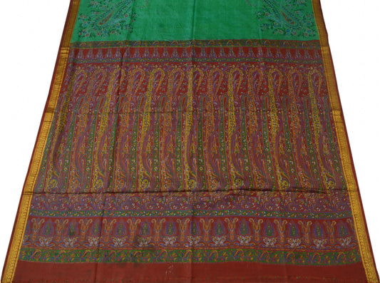 Sushila Vintage Green Scrap Saree 100% Pure Silk Printed Paisley Sari Fabric