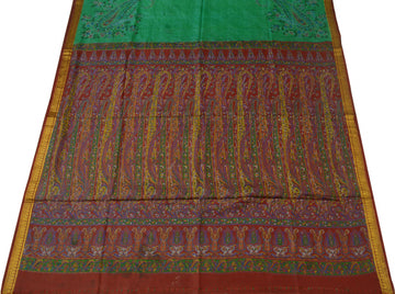 Sushila Vintage Green Scrap Saree 100% Pure Silk Printed Paisley Sari Fabric