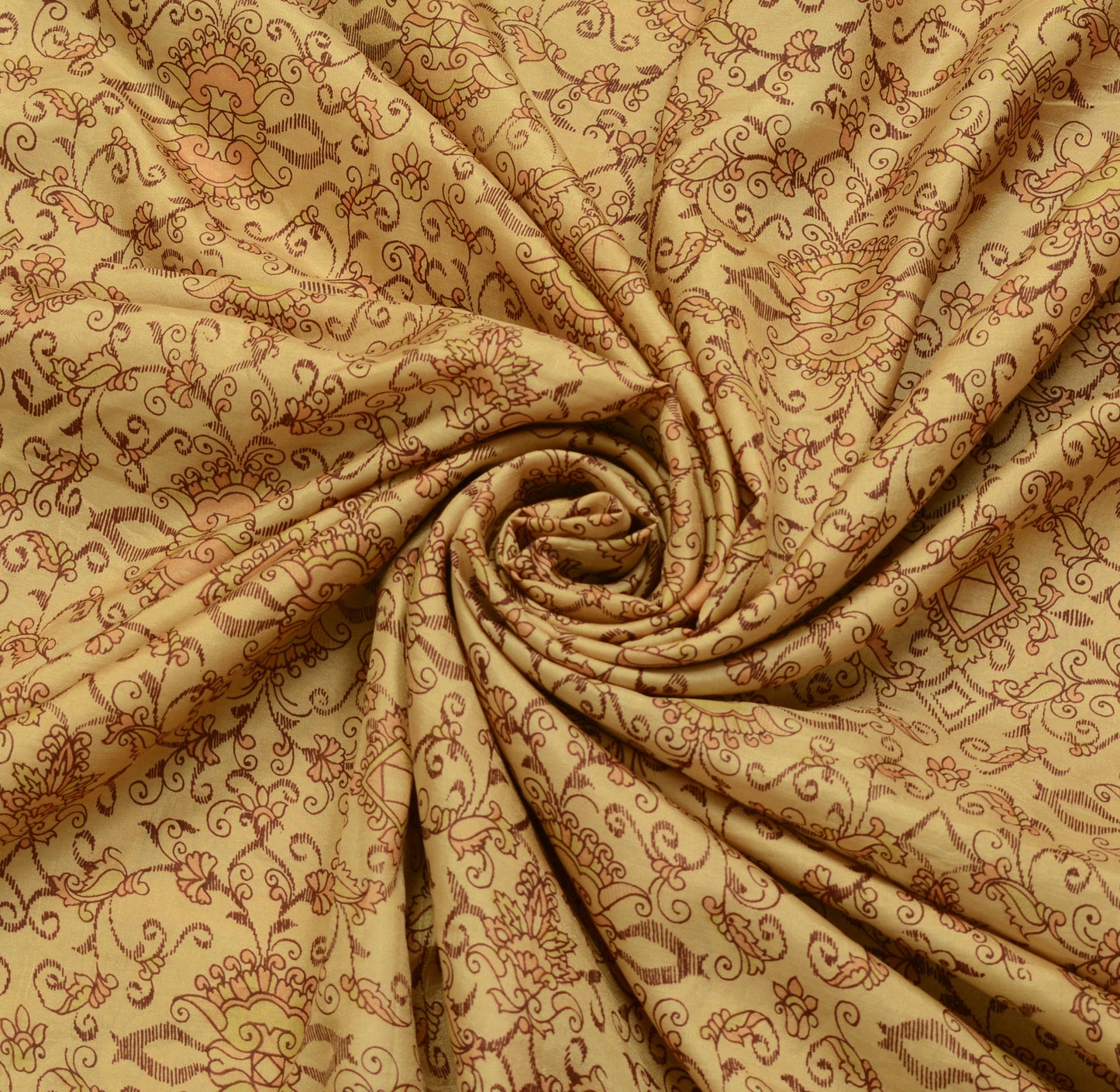 Sushila Vintage Brown Scrap Saree 100% Pure Silk Printed Floral Sari Fabric Deco