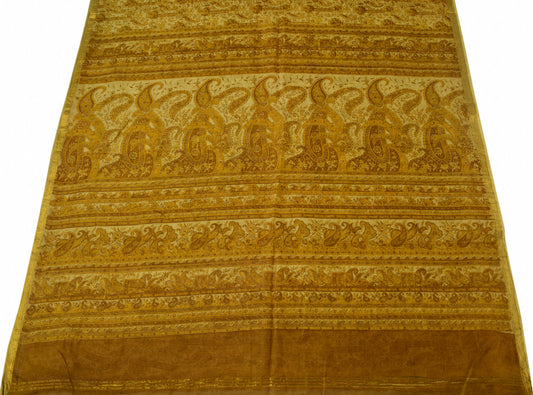 Sushila Vintage Brown Scrap Saree 100% Pure Silk Printed Paisley Sari Fabric