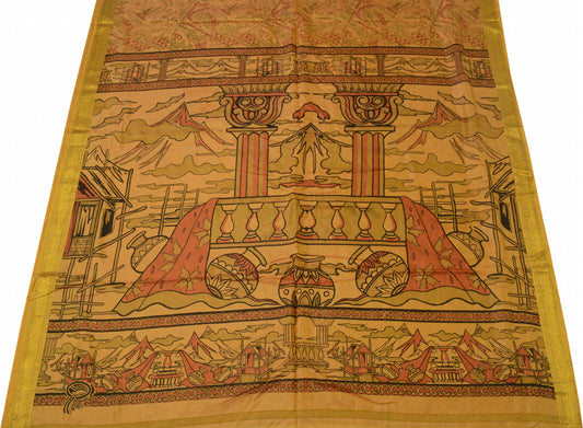 Sushila Vintage Brown Scrap Saree 100% Pure Silk Printed Indian Sari Fabric
