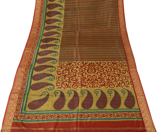 Sushila Vintage Multi-Color Scrap Sari 100% Pure Silk Printed Paisley Fabric