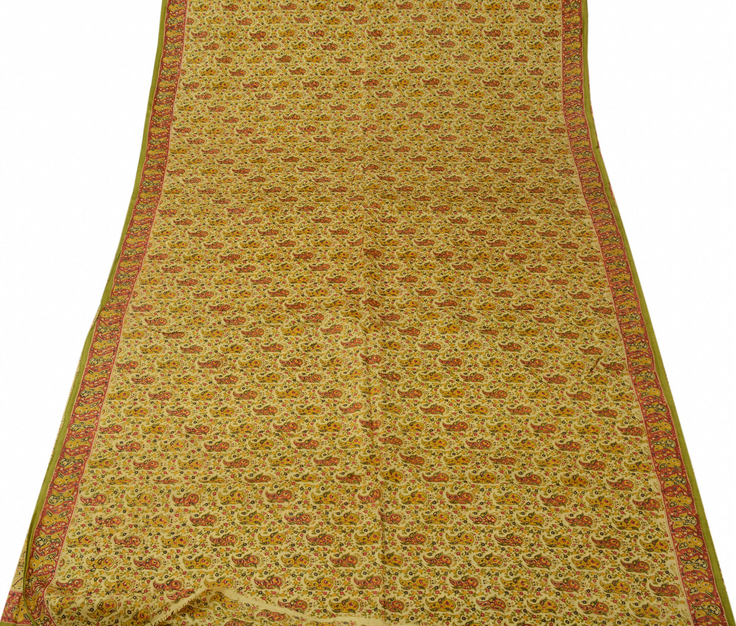 Sushila Vintage Cream Scrap Saree 100% Pure Silk Printed Paisley Sari Fabric