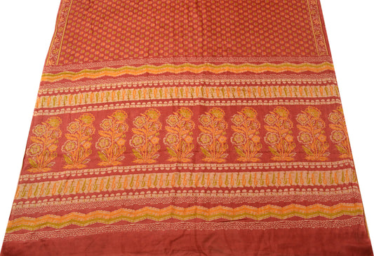 Sushila Vintage Maroon Scrap Saree 100% Pure Silk Printed Floral Craft Fabric