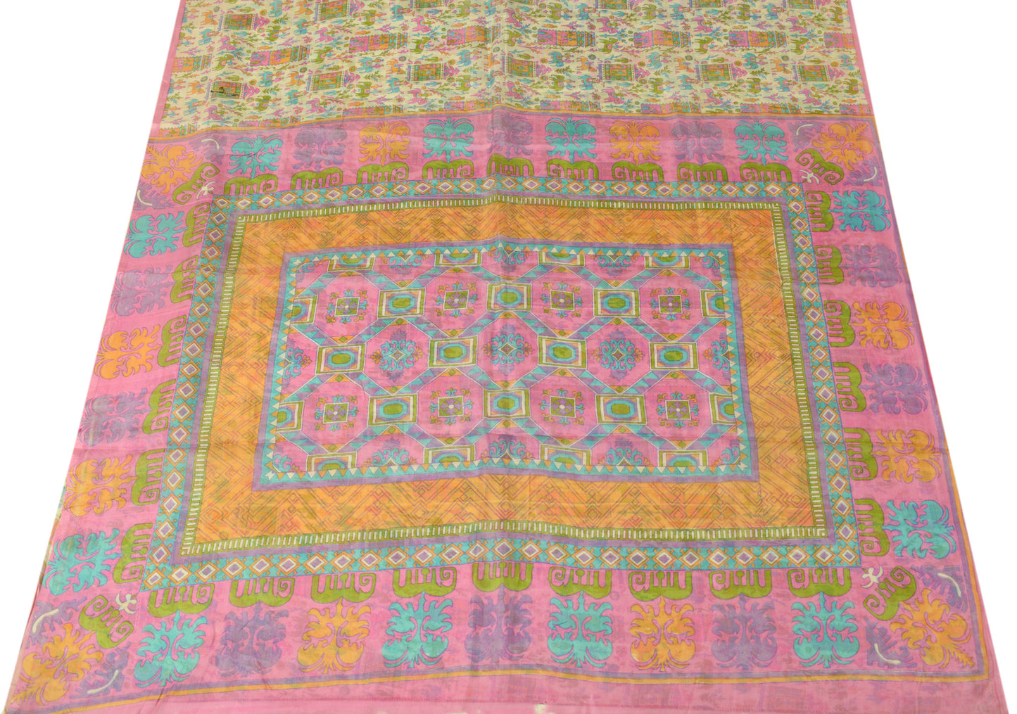 Sushila Vintage Cream Scrap Craft Sari 100% Pure Silk Printed Animal Sari Fabric