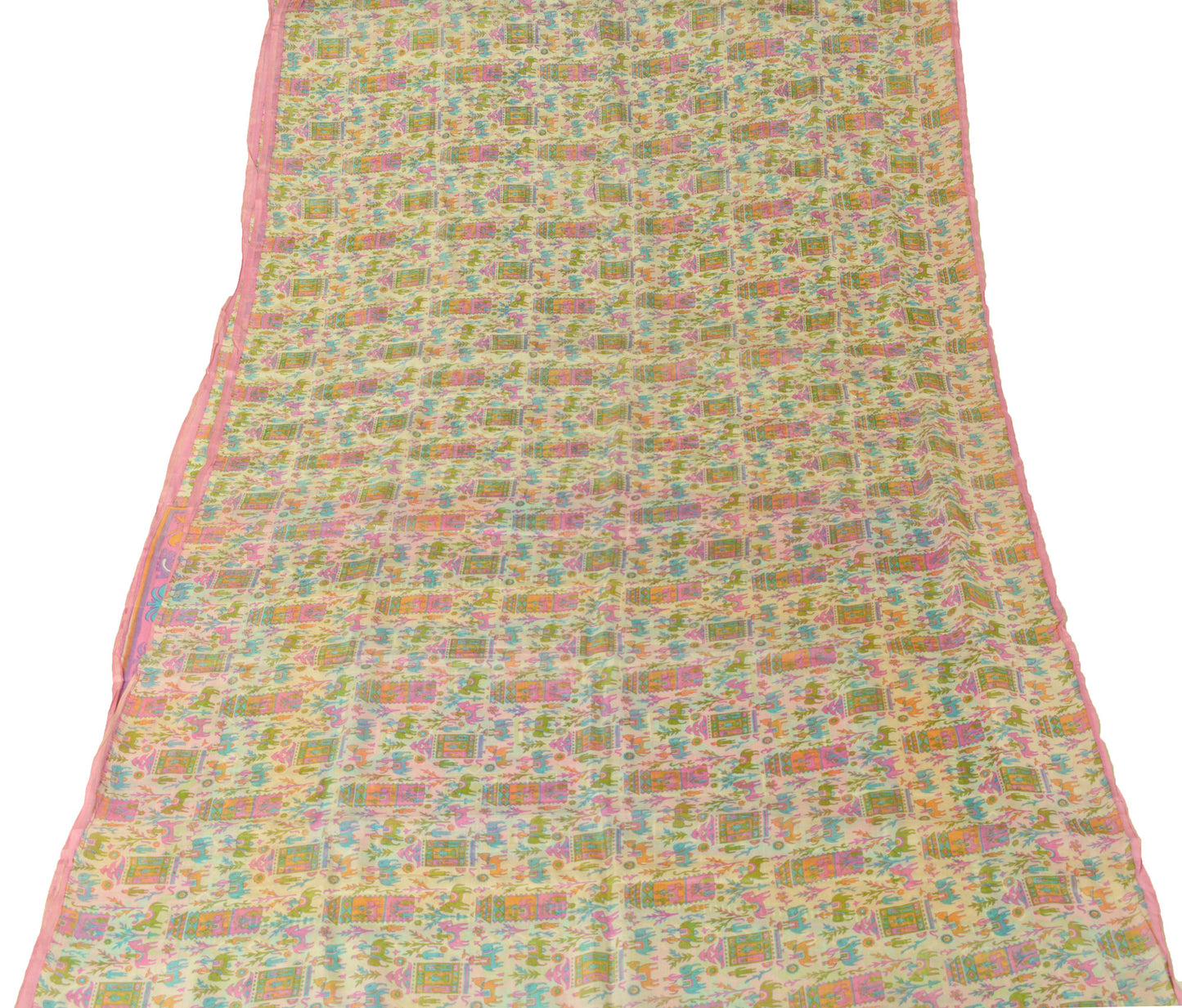 Sushila Vintage Cream Scrap Craft Sari 100% Pure Silk Printed Animal Sari Fabric