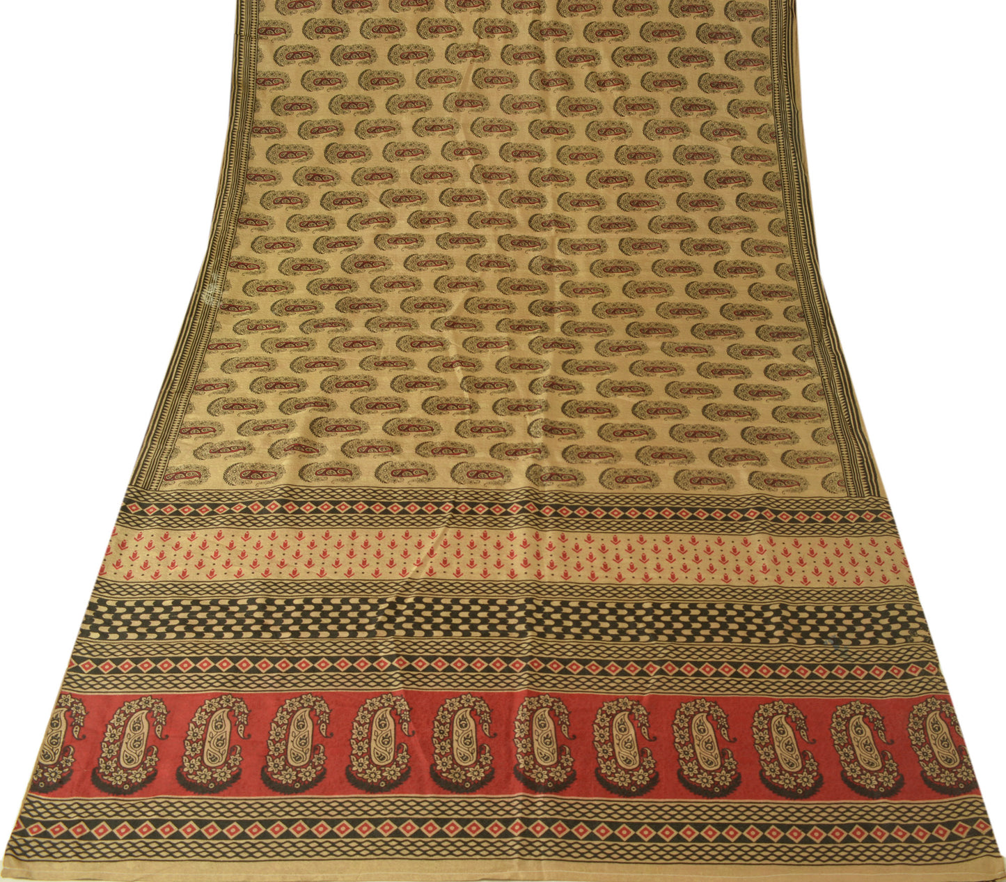 Sushila Vintage Brown Scrap Craf Sari 100% Pure Silk Printed Paisley Sari Fabric