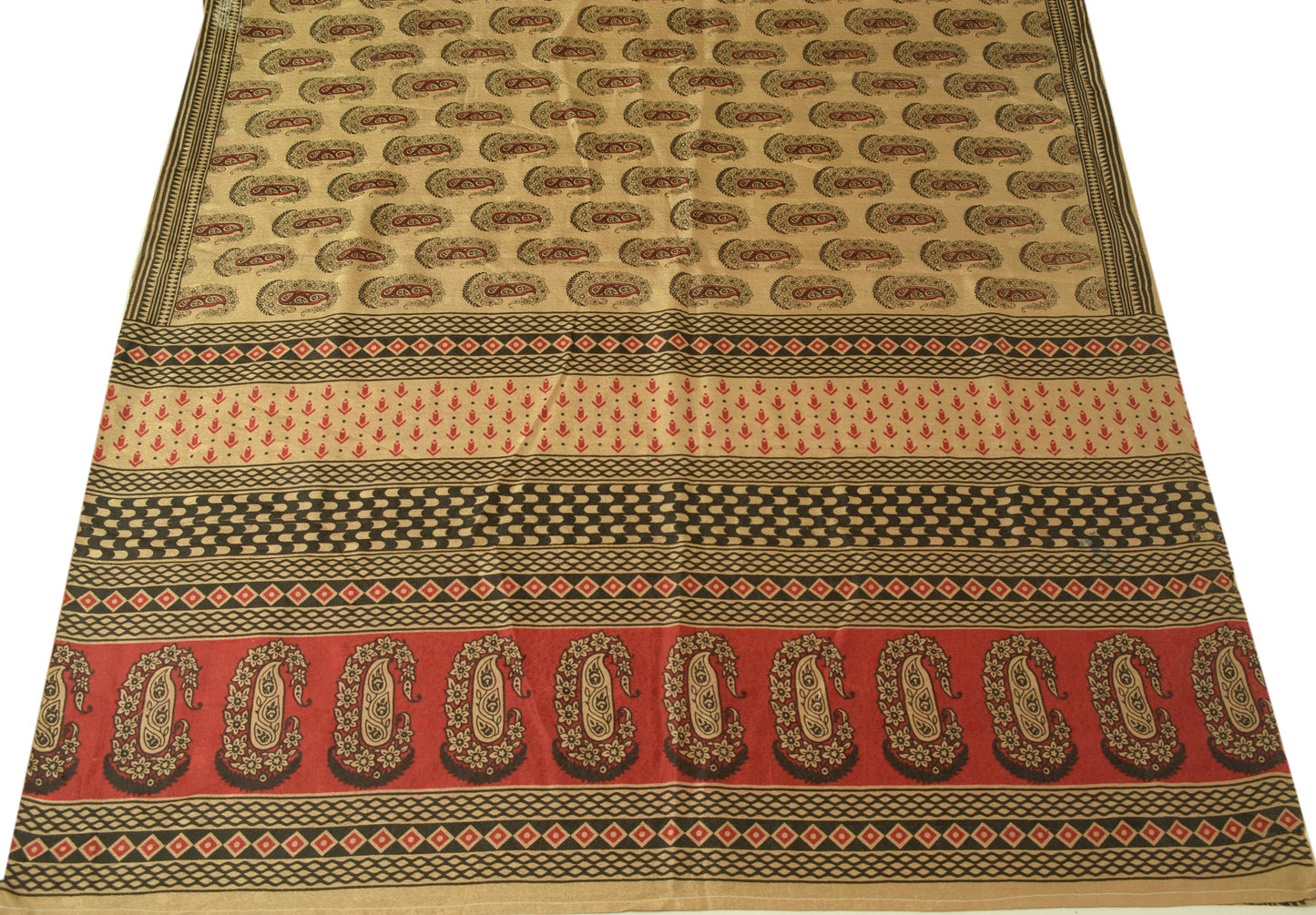 Sushila Vintage Brown Scrap Craf Sari 100% Pure Silk Printed Paisley Sari Fabric