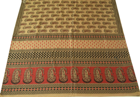 Sushila Vintage Brown Scrap Craf Sari 100% Pure Silk Printed Paisley Sari Fabric