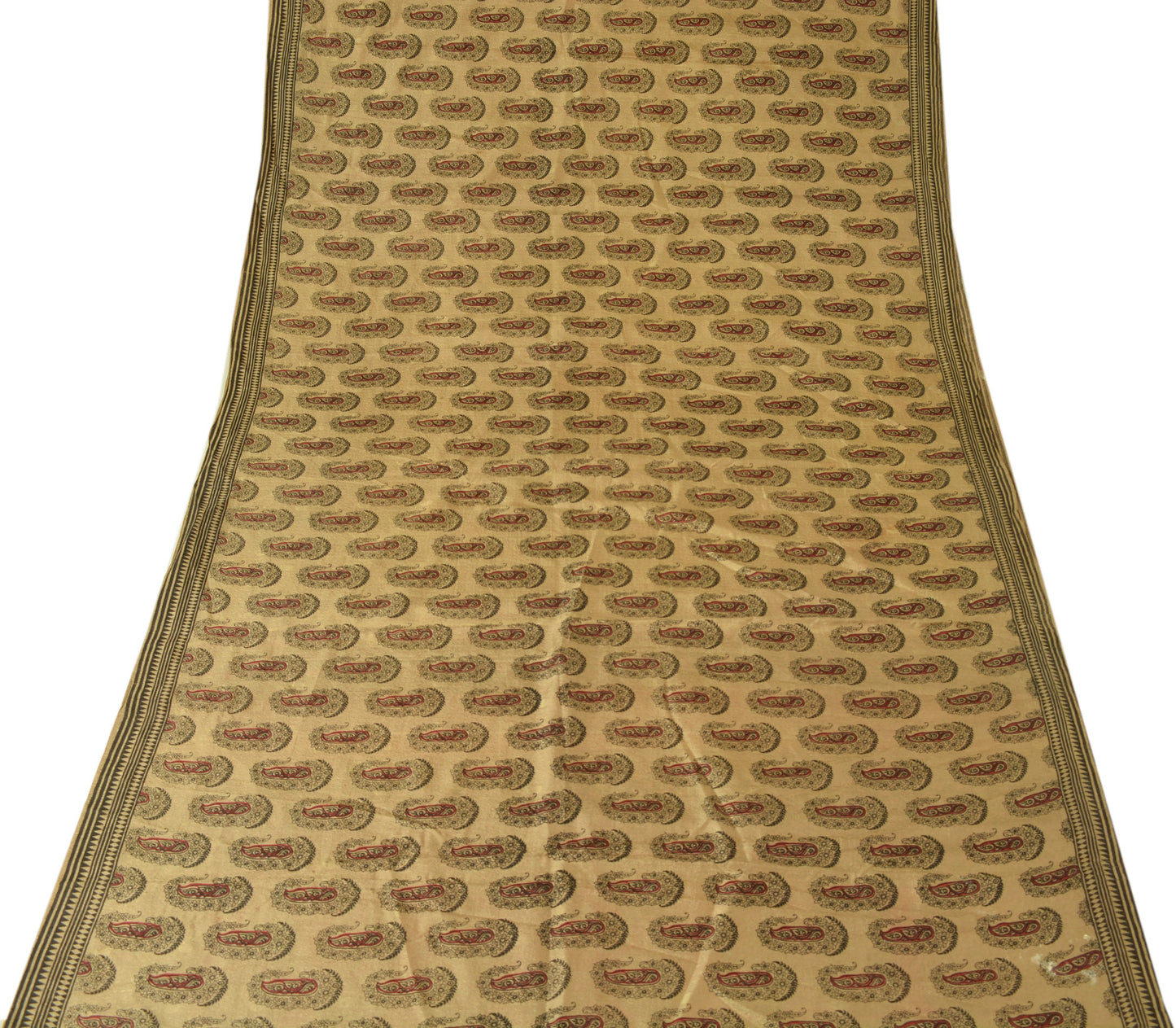 Sushila Vintage Brown Scrap Craf Sari 100% Pure Silk Printed Paisley Sari Fabric