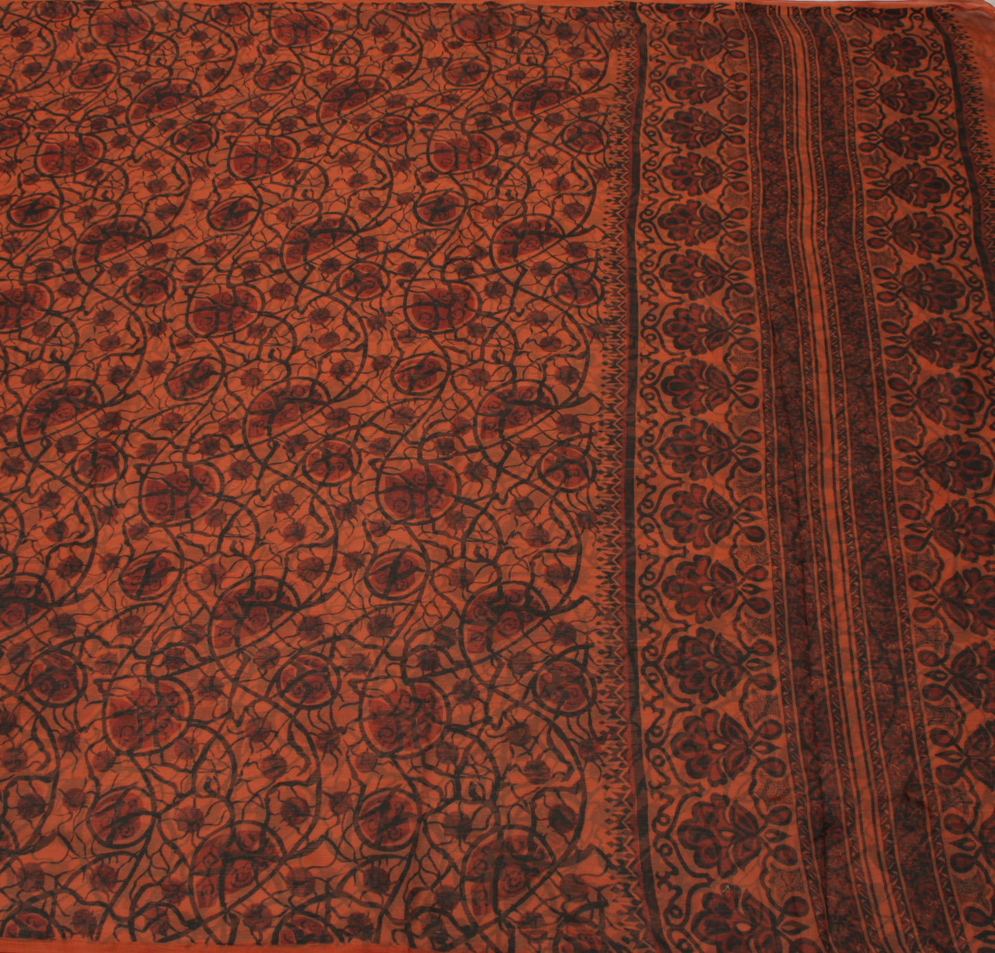 Sushila Vintage Brown Scrap Saree Blend Chiffon Silk Printed Floral Sari Fabric
