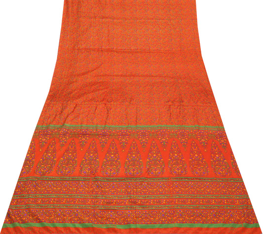 Sushila Vintage Orange Scrap Saree Blend Silk Printed Floral Sari Craft Fabric
