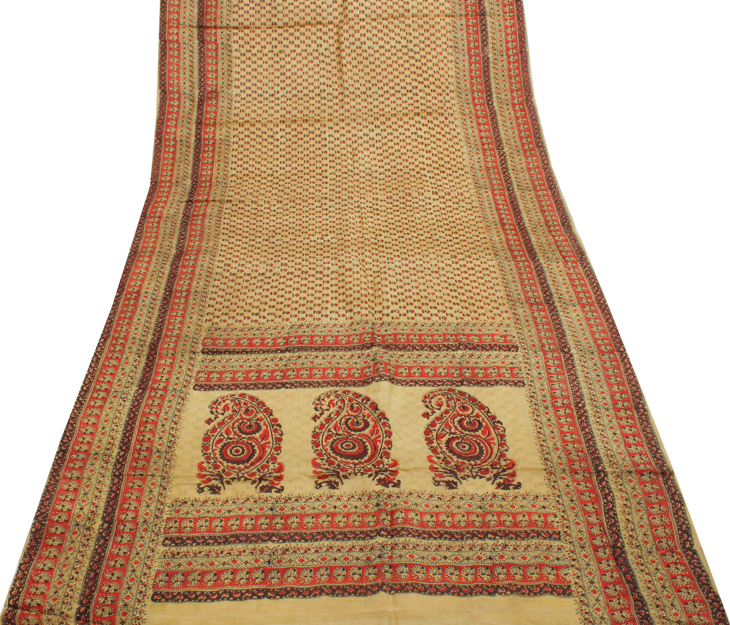 Sushila Vintage Light Brown Scrap Saree Pure Silk Printed Floral Sari Fabric