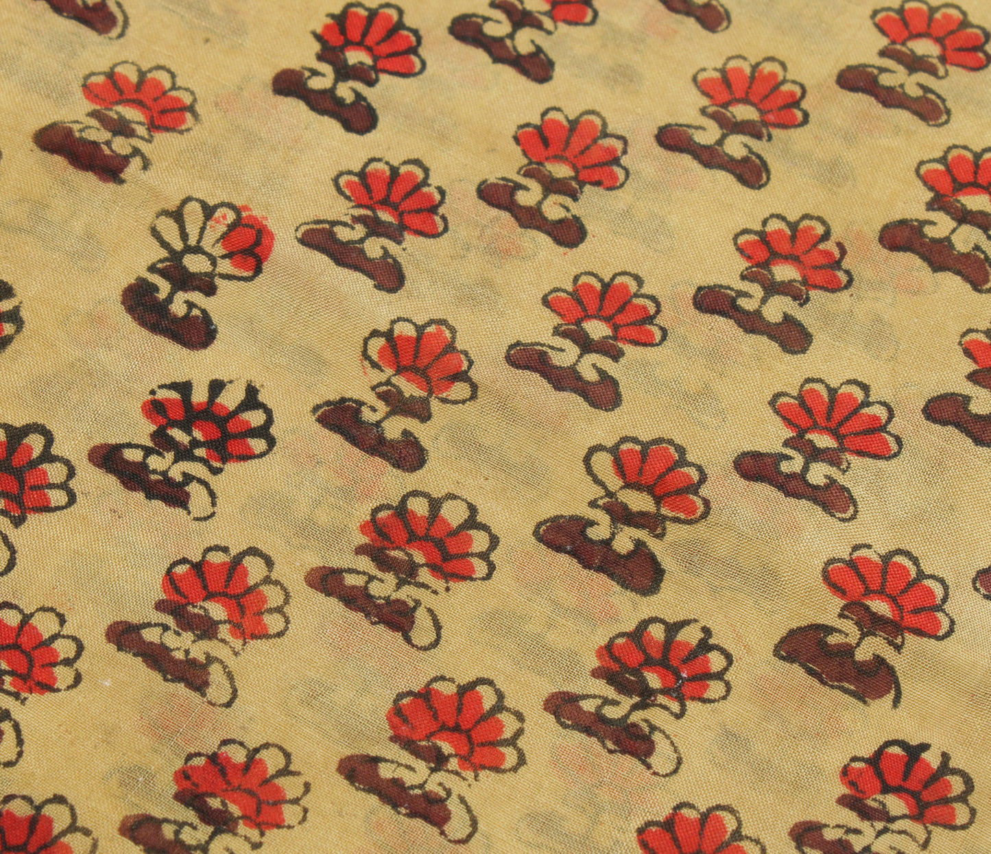 Sushila Vintage Light Brown Scrap Saree Pure Silk Printed Floral Sari Fabric