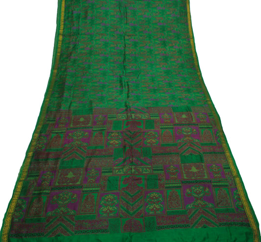 Sushila Vintage Green Scrap Saree 100% Pure Silk Printed Floral Sari Sari Fabric