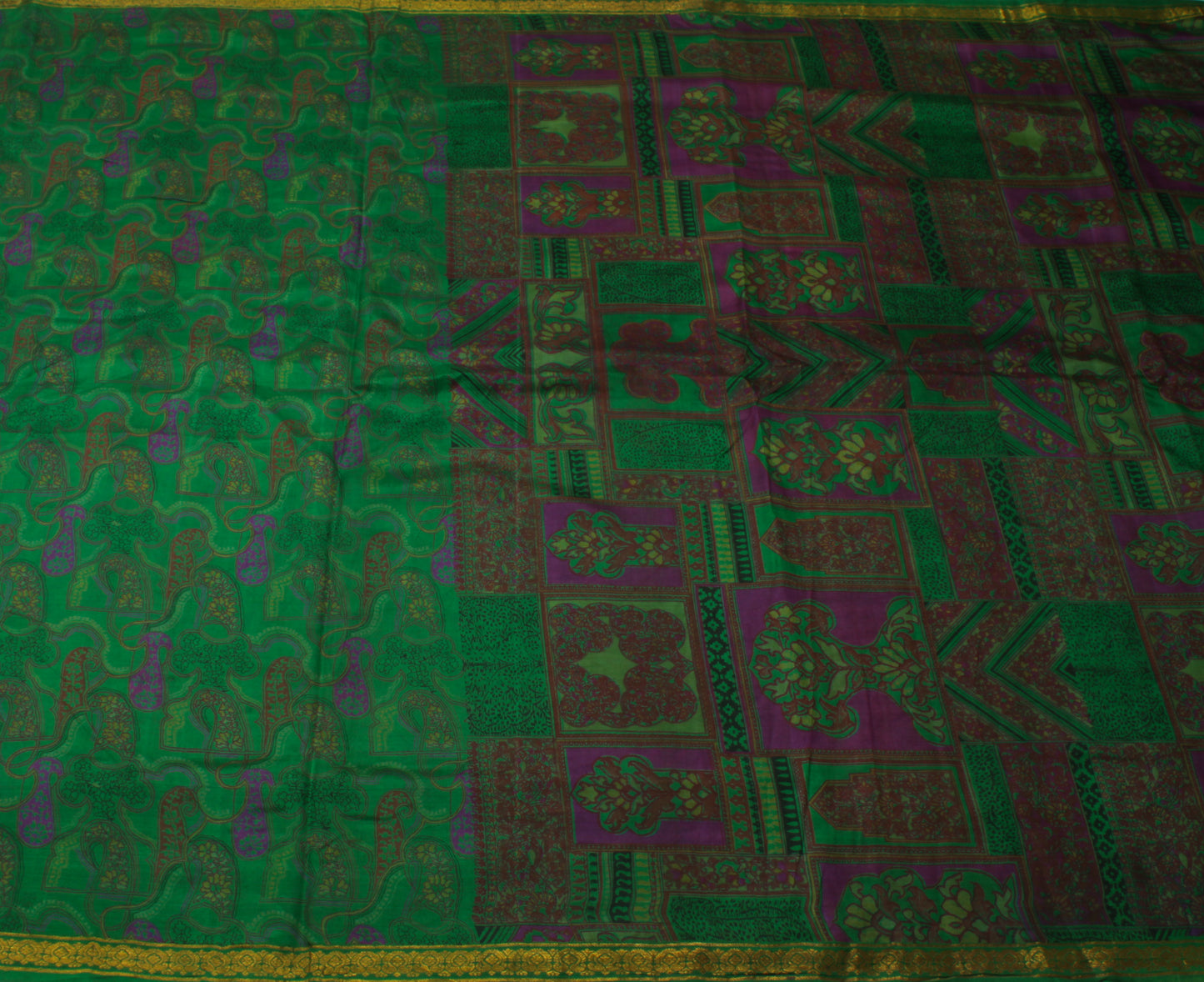 Sushila Vintage Green Scrap Saree 100% Pure Silk Printed Floral Sari Sari Fabric