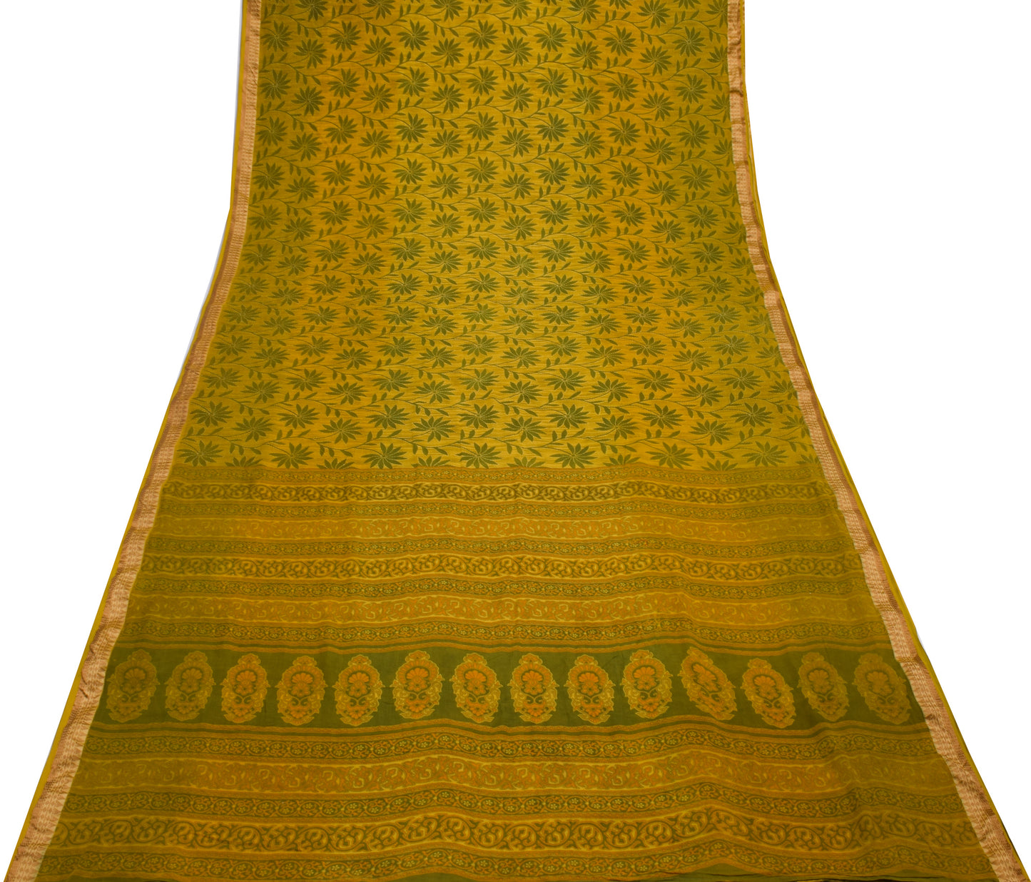 Sushila Vintage Green Scrap Saree 100% Pure Cotton Printed Floral Sari Fabric