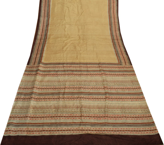 Sushila Vintage Light Brown  Scrap Saree Pure Silk Printed Sari 5 Yard Fabric