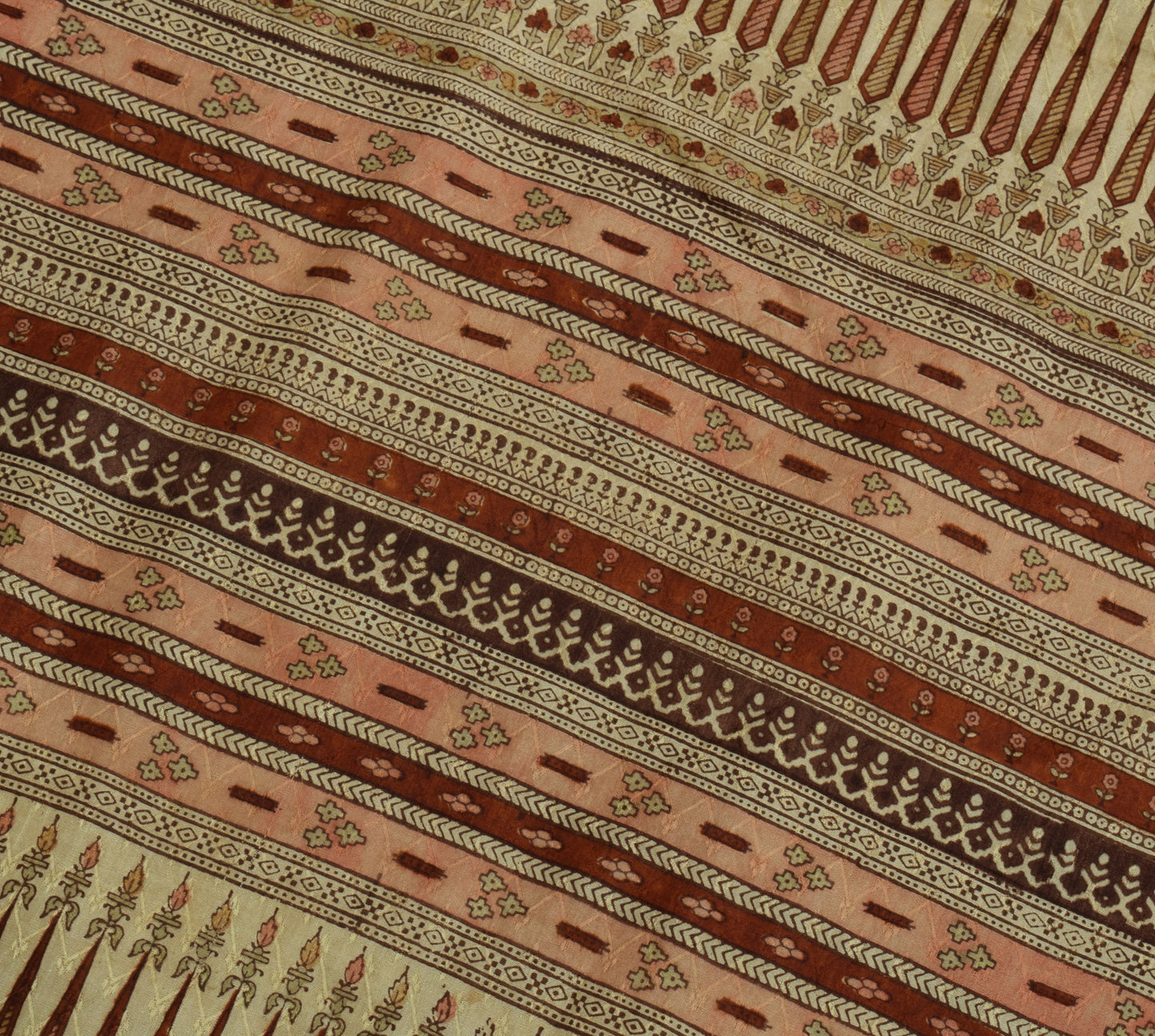 Sushila Vintage Light Brown  Scrap Saree Pure Silk Printed Sari 5 Yard Fabric