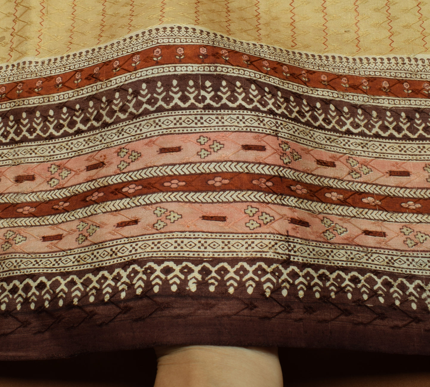 Sushila Vintage Light Brown  Scrap Saree Pure Silk Printed Sari 5 Yard Fabric