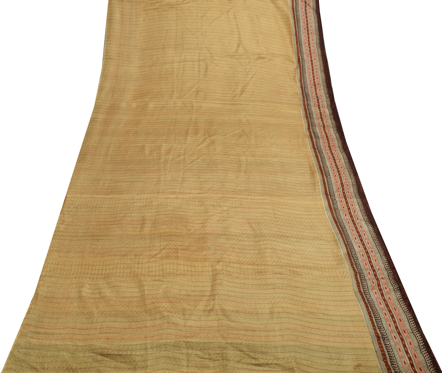 Sushila Vintage Light Brown  Scrap Saree Pure Silk Printed Sari 5 Yard Fabric