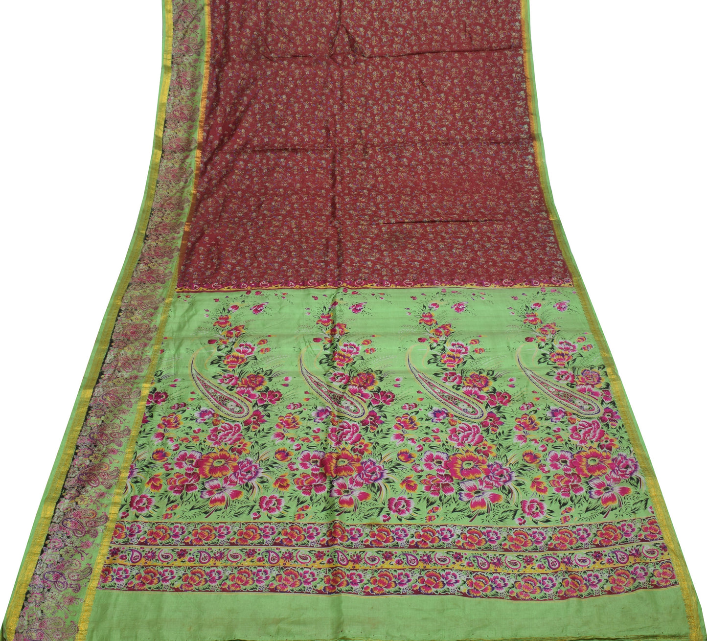 Sushila Vintage Maroon Scrap Saree 100% Pure Silk Printed Floral Sari Fabric