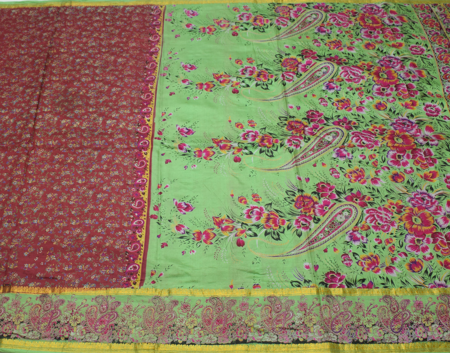 Sushila Vintage Maroon Scrap Saree 100% Pure Silk Printed Floral Sari Fabric
