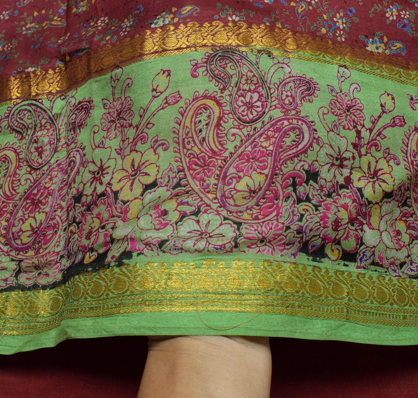 Sushila Vintage Maroon Scrap Saree 100% Pure Silk Printed Floral Sari Fabric