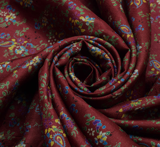 Sushila Vintage Maroon Scrap Saree 100% Pure Silk Printed Floral Sari Fabric