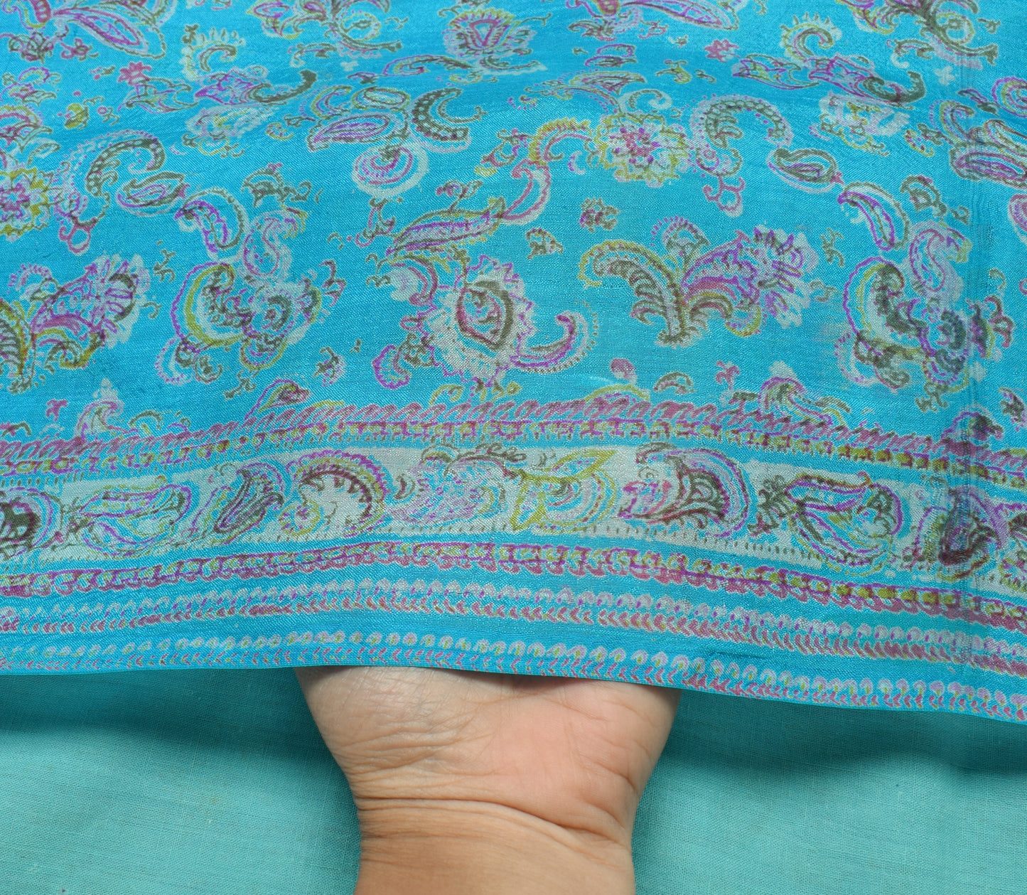 Sushila Vintage Blue Scrap Saree 100% Pure Silk Printed Paisley Sari Fabric