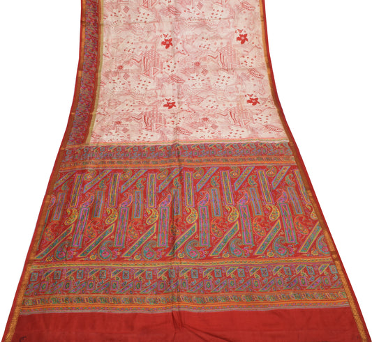 Sushila Vintage Cream Indian Scrap Saree 100% Pure Silk Printed Sari 5 YD Fabric