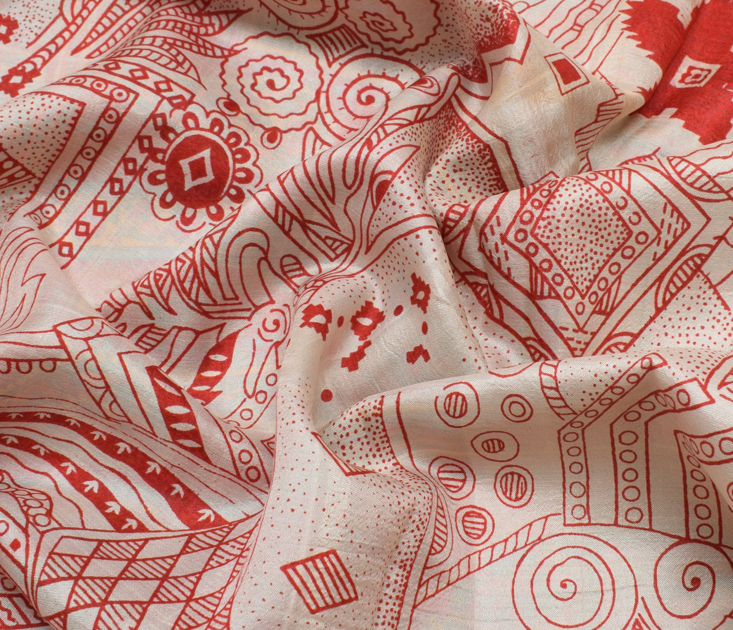 Sushila Vintage Cream Indian Scrap Saree 100% Pure Silk Printed Sari 5 YD Fabric