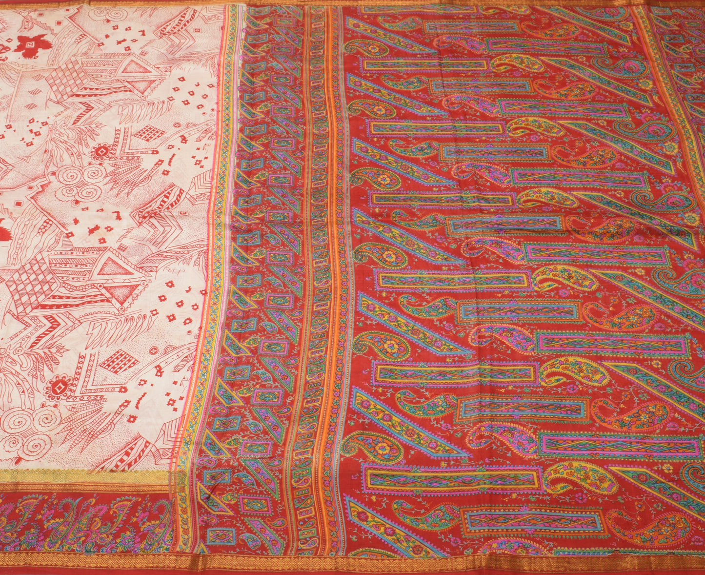 Sushila Vintage Cream Indian Scrap Saree 100% Pure Silk Printed Sari 5 YD Fabric