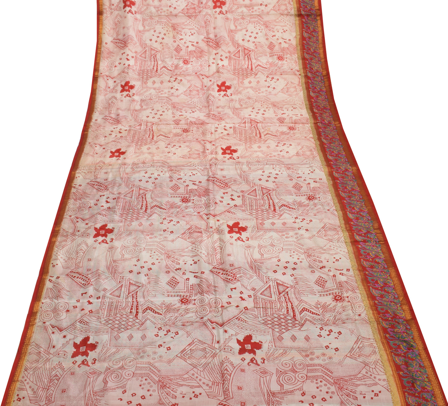 Sushila Vintage Cream Indian Scrap Saree 100% Pure Silk Printed Sari 5 YD Fabric