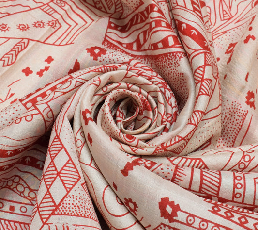 Sushila Vintage Cream Indian Scrap Saree 100% Pure Silk Printed Sari 5 YD Fabric