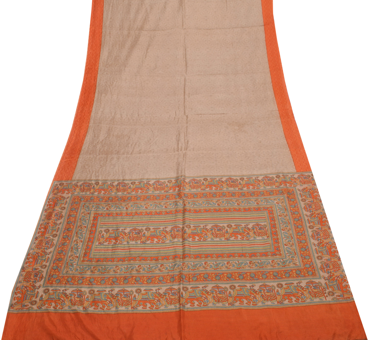 Sushila Vintage Brown Scrap Saree 100% Pure Silk Printed Sari 5 Yard Fabric