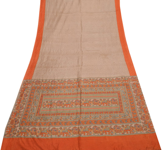 Sushila Vintage Brown Scrap Saree 100% Pure Silk Printed Sari 5 Yard Fabric
