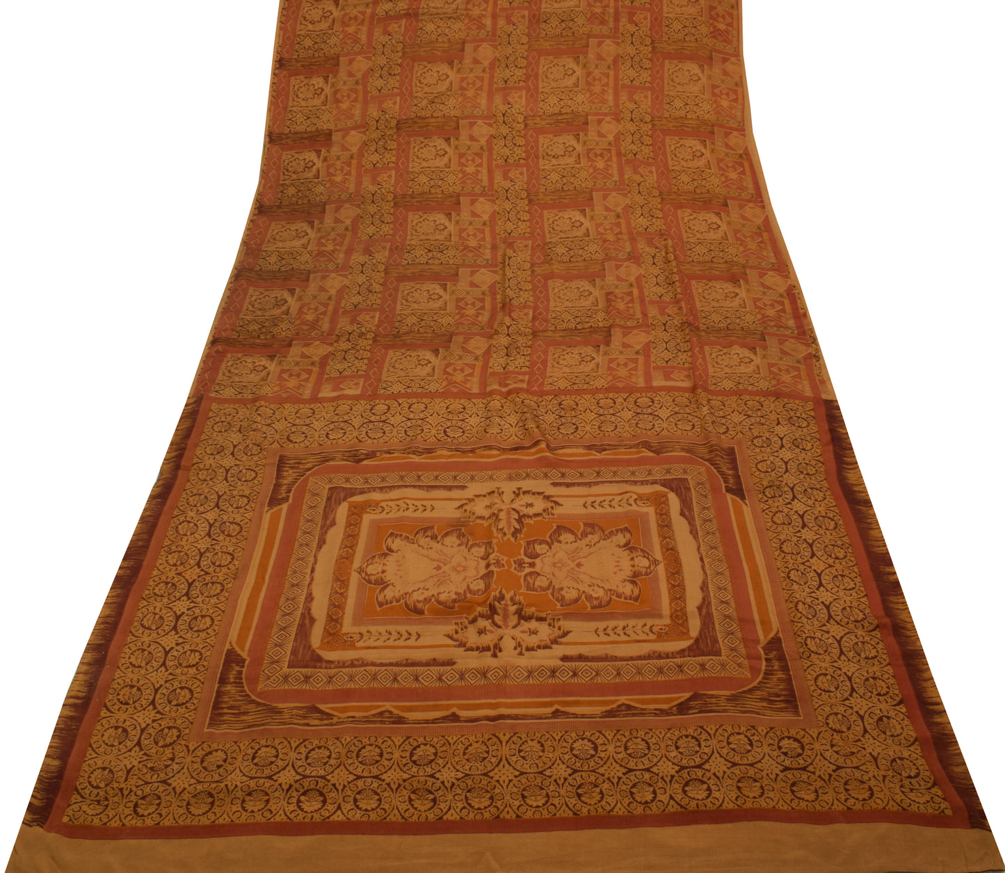 Sushila Vintage Brown Scrap Saree 100% Pure Silk Printed Sari 5 Yard Fabric