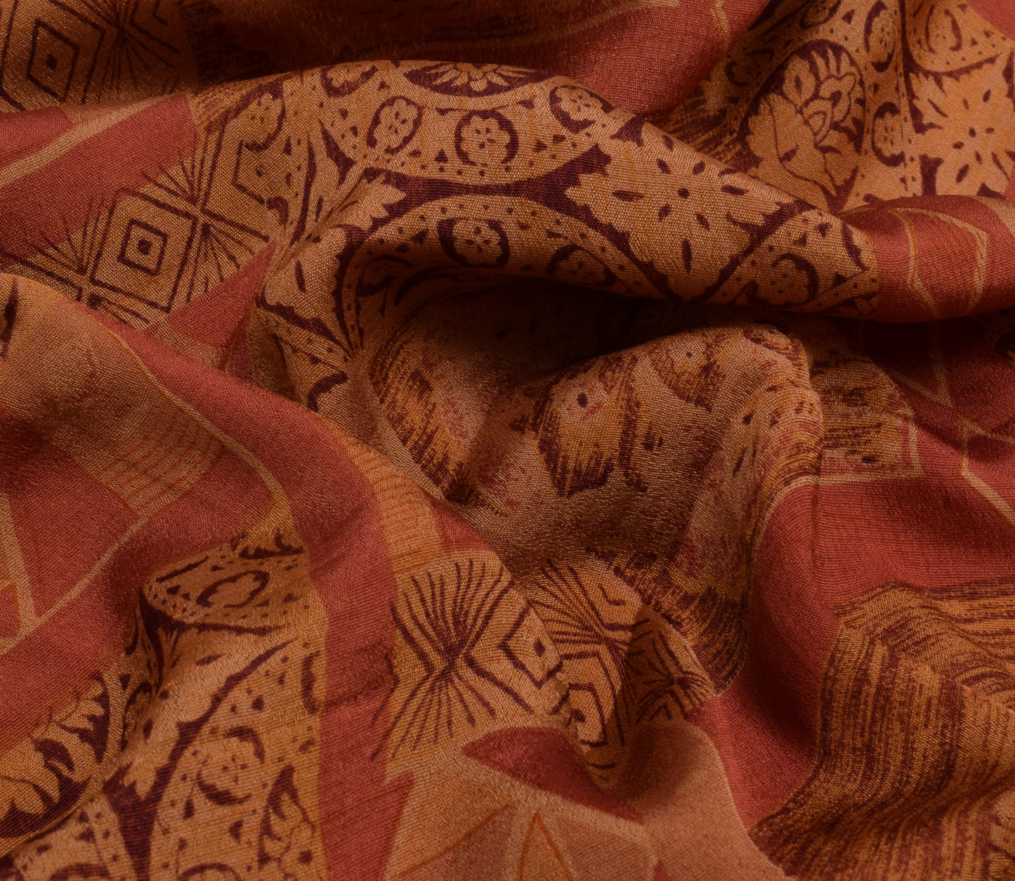 Sushila Vintage Brown Scrap Saree 100% Pure Silk Printed Sari 5 Yard Fabric