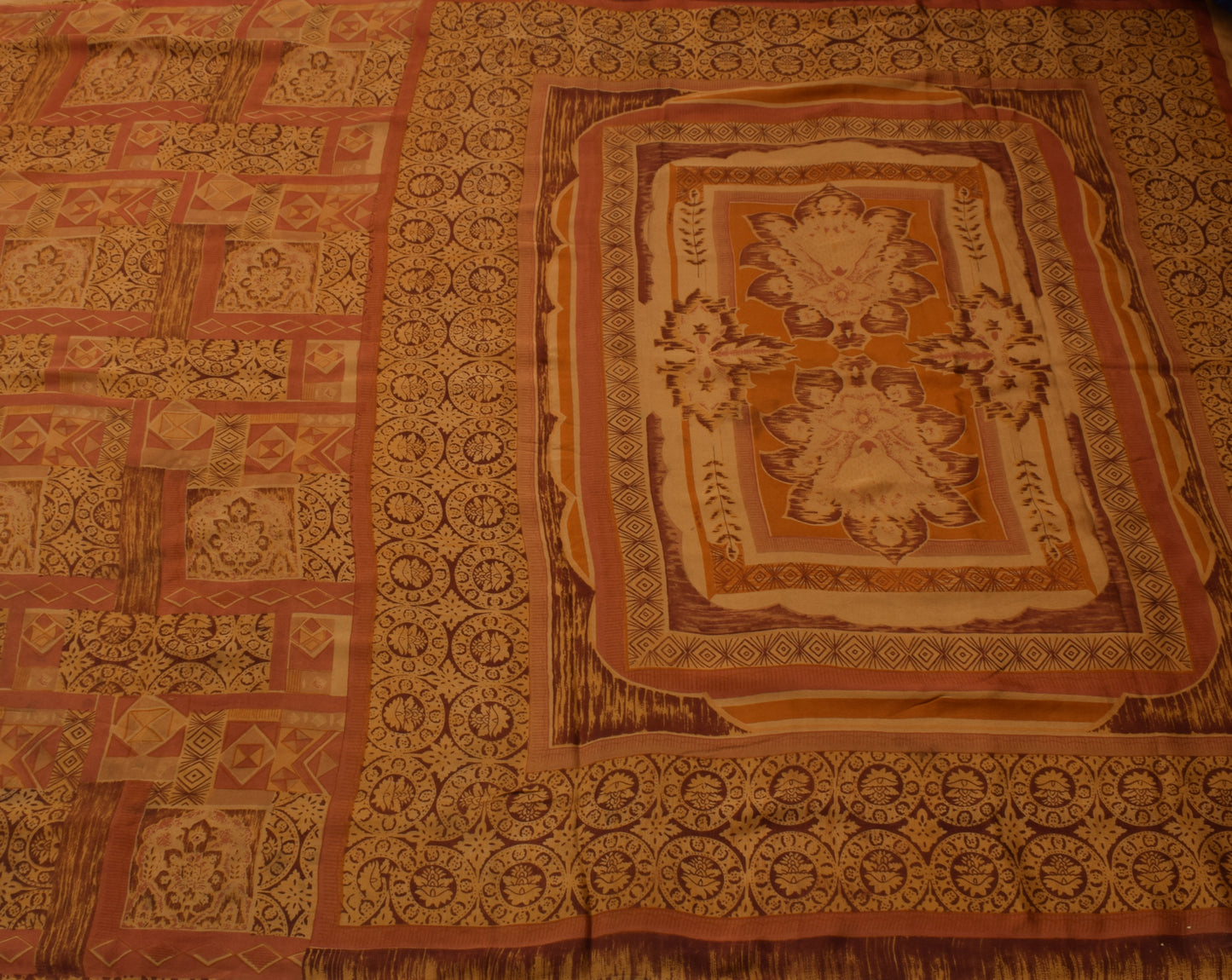 Sushila Vintage Brown Scrap Saree 100% Pure Silk Printed Sari 5 Yard Fabric